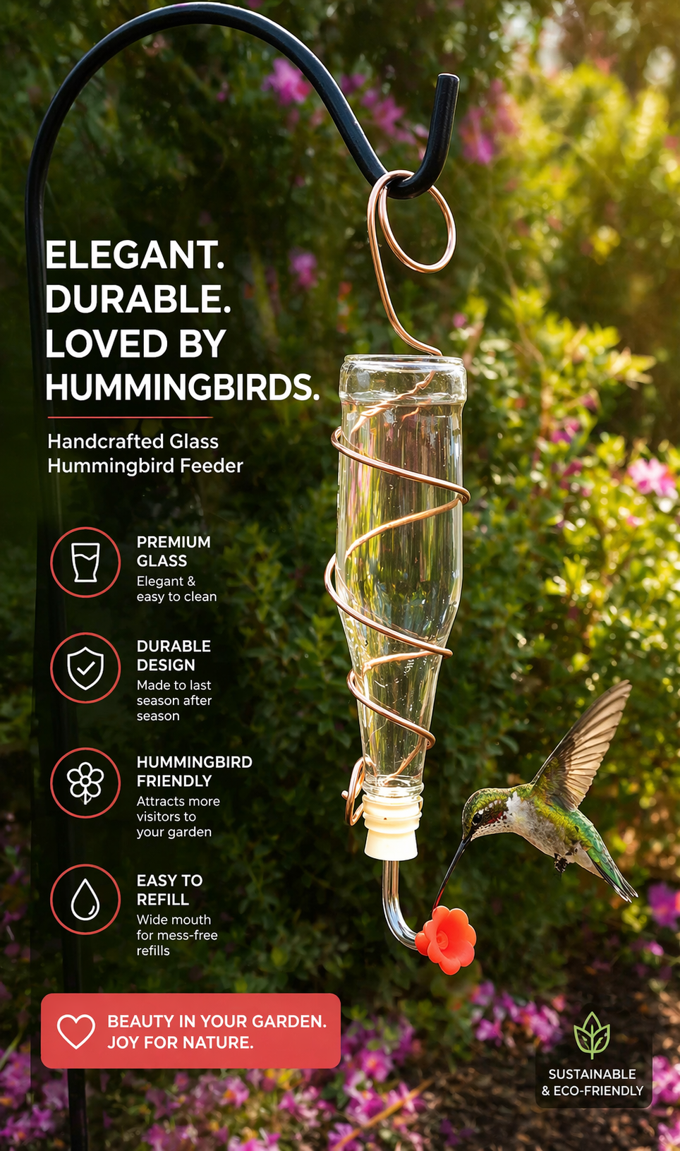 Clear glass bottle hummingbird feeder